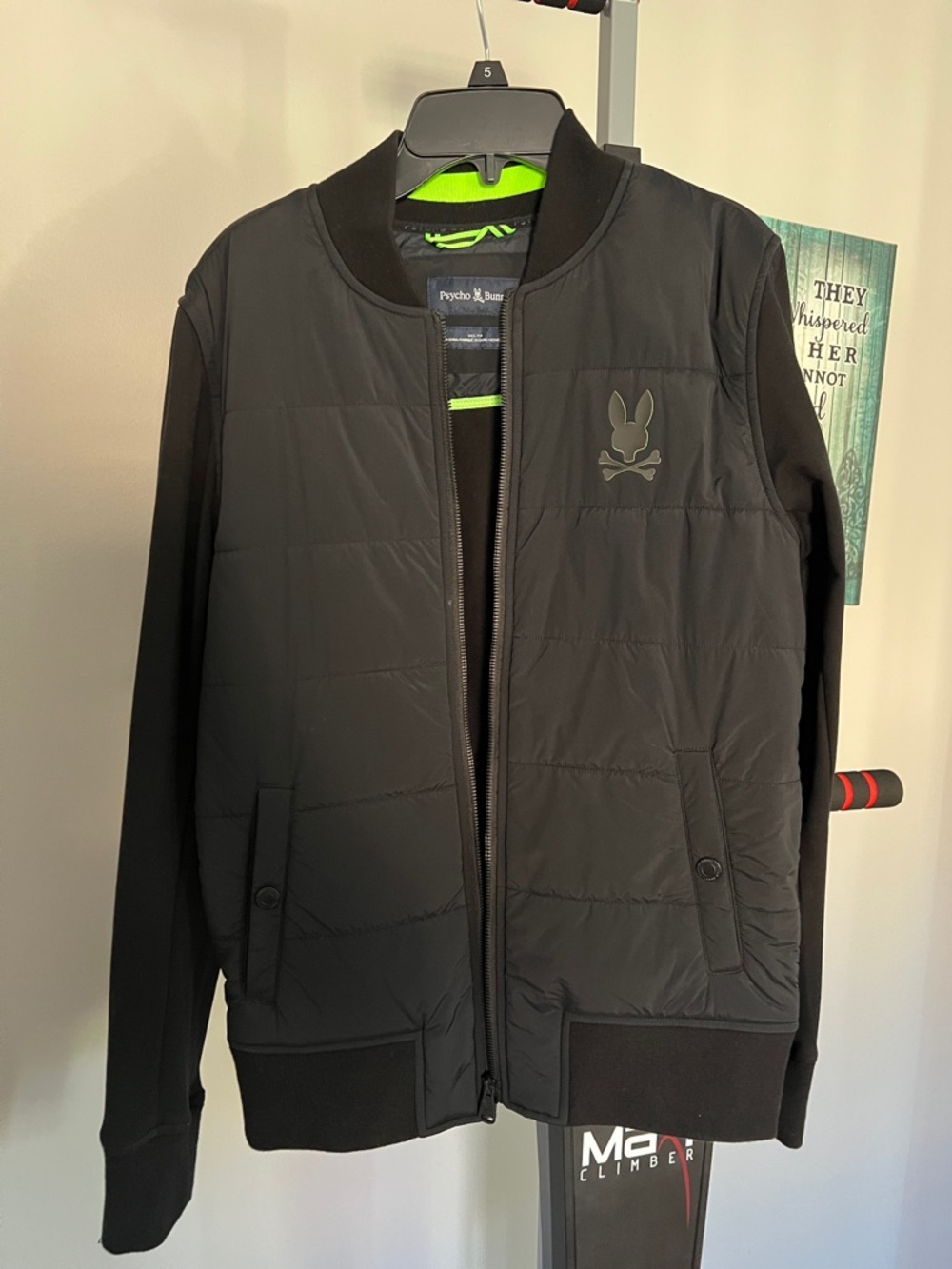 Psycho Bunny Black Quilted Bomber with Neon Green Accents